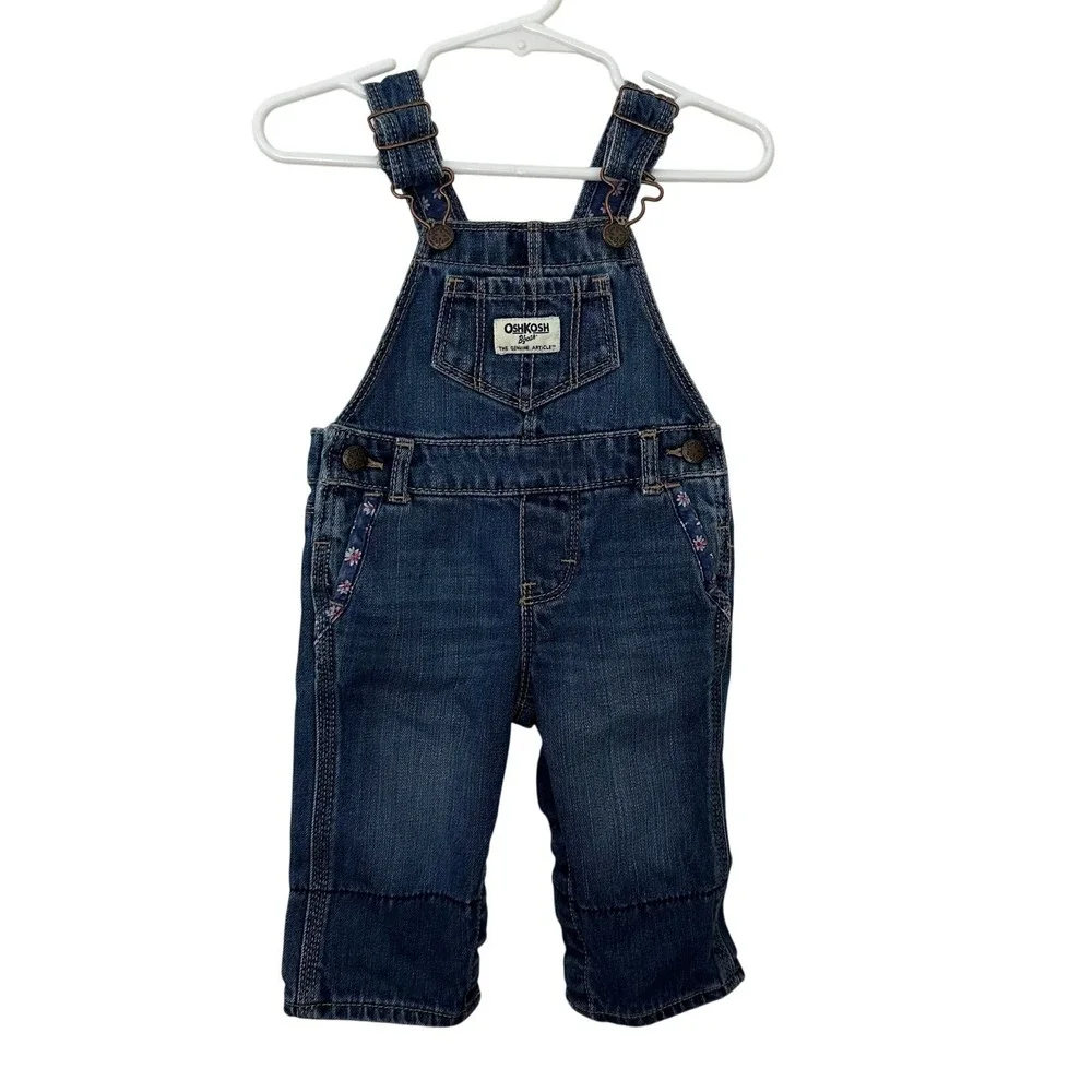 Oshkosh B'gosh Vestbak Overalls Floral Trim Baby Girl 6 Months Pockets Jean Blue
